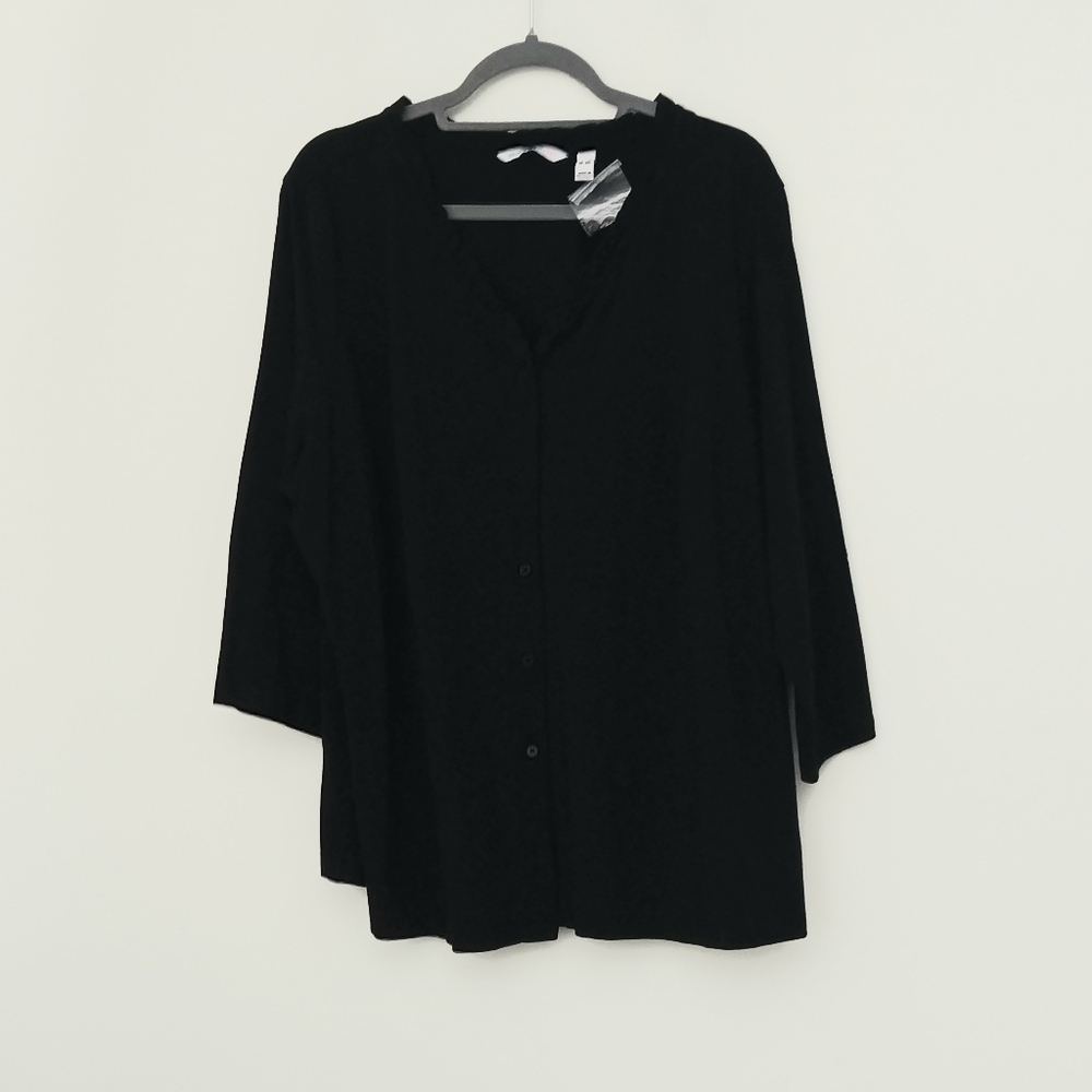 Isaac Mizrahi Live! Sixe 3X Black Button Front Knit Top With Ruffle Neck NEW